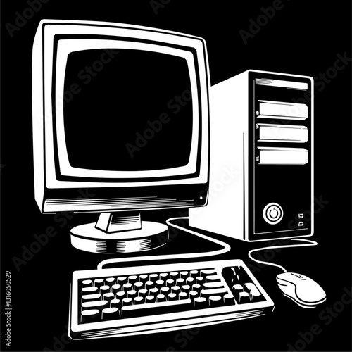 This image is a black-and-white vector illustration of a desktop computer setup. It includes a monitor, a CPU tower, a keyboard, and a wired mouse. The design is minimalistic, with solid black shapes 