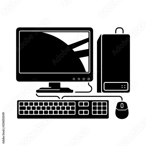 This image is a black-and-white vector illustration of a desktop computer setup. It includes a monitor, a CPU tower, a keyboard, and a wired mouse. The design is minimalistic, with solid black shapes 