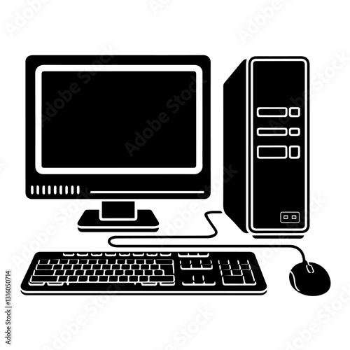 This image is a black-and-white vector illustration of a desktop computer setup. It includes a monitor, a CPU tower, a keyboard, and a wired mouse. The design is minimalistic, with solid black shapes 