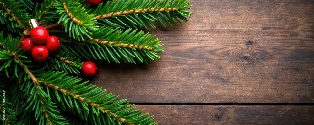 Evergreen Pine Branches with Red Berries against a Wooden Background, christmas decorations, natural elements