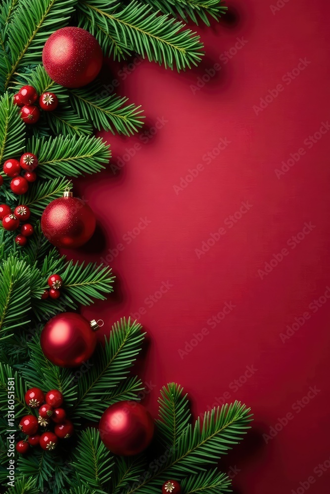 Evergreen pine tree ornaments scattered around a festive red holly background, festive atmosphere, merry christmas, holly berries Evergreen pine tree ornaments scattered around a festive red holly background, festive atmosphere, merry christmas, holly berries