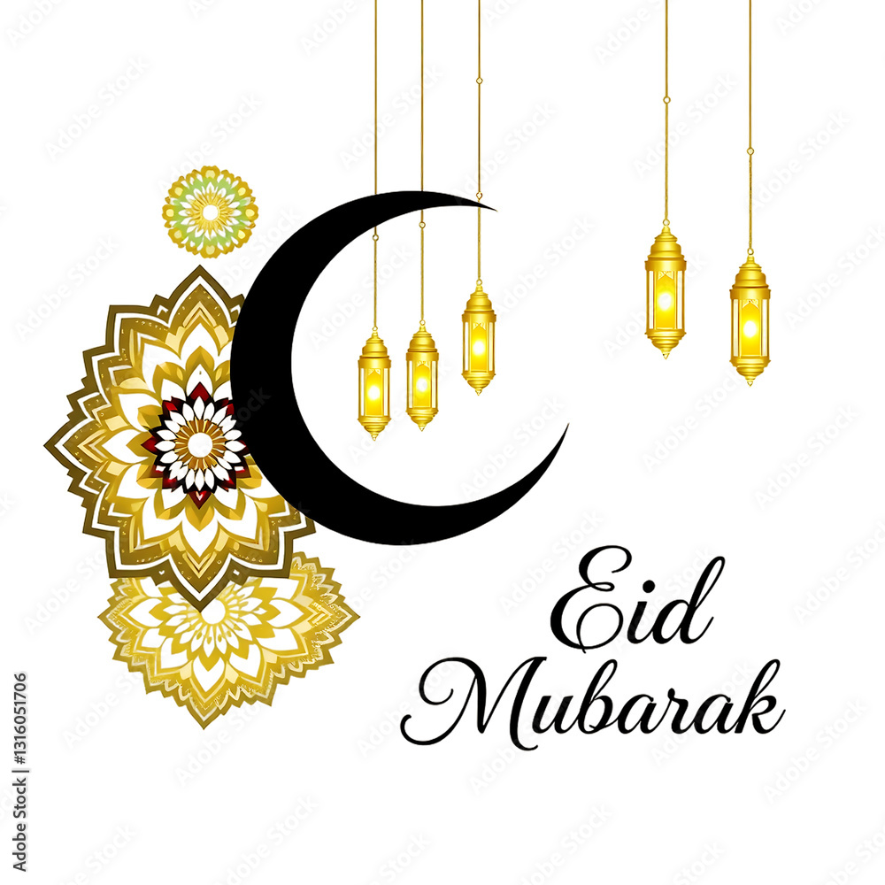 Festive Eid Mubarak Crescent with Hanging Lanterns and Mandala Patterns