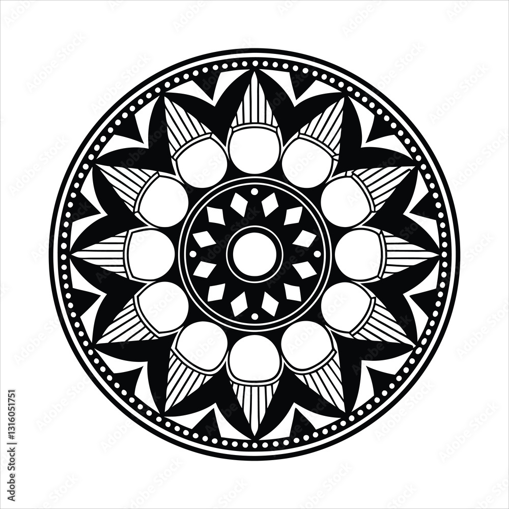 A minimalist mandala with a central circular motif,
surrounded by concentric layers of simplistic shapes like squares, triangles,
and petals. The black line art is clean and bold,
standing against
A minimalist mandala with a central circular motif,
surrounded by concentric layers of simplistic shapes like squares, triangles,
and petals. The black line art is clean and bold,
standing against