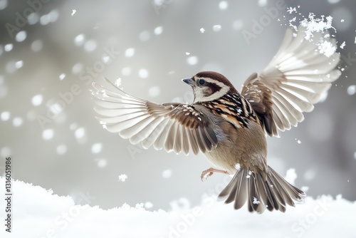 The fluttering wings of a sparrow as it shakes off falling snow.