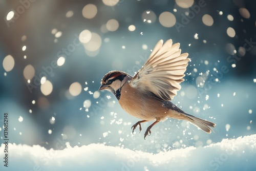 The fluttering wings of a sparrow as it shakes off falling snow.