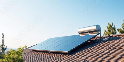 Rooftop solar water heater system with panels, sustainable energy, clear sky, trees, trees, eco-friendly photo