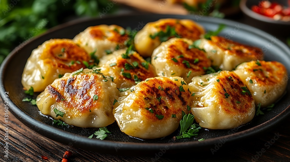 Crispy golden dumplings glowing warmly served on a dark plate with fresh herbs Crispy golden dumplings glowing warmly served on a dark plate with fresh herbs
