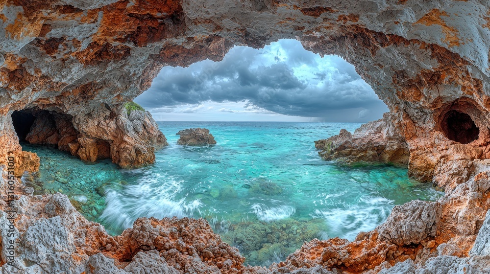 Cave view, turquoise waters meeting rocky shores under stormy skies. A rugged coastal panorama Cave view, turquoise waters meeting rocky shores under stormy skies. A rugged coastal panorama