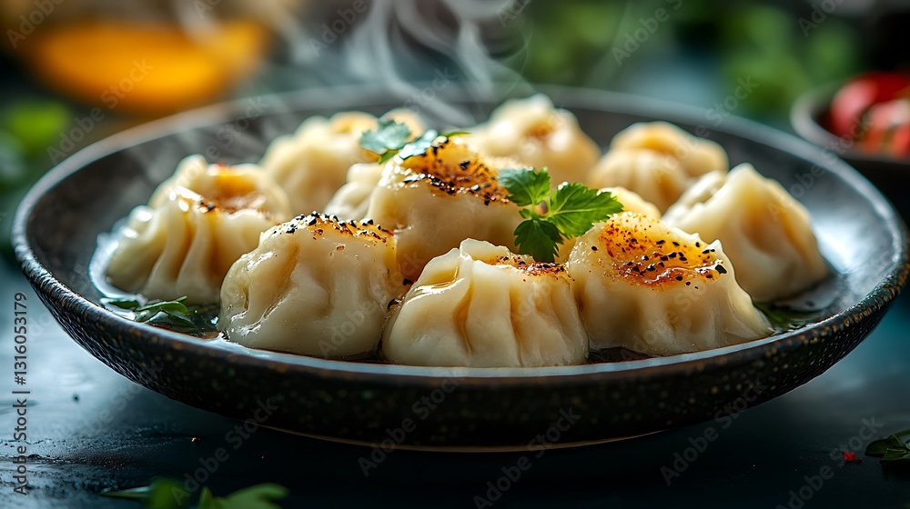 Steaming dumplings with a luminous sheen resting on a dark dish with herbal details Steaming dumplings with a luminous sheen resting on a dark dish with herbal details