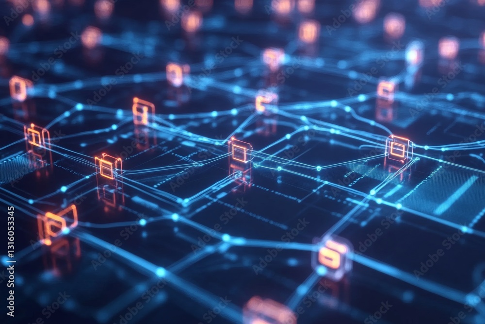 Obraz premium Abstract Digital Network Connectivity with Neon Blue and Orange Lights in a Futuristic Design