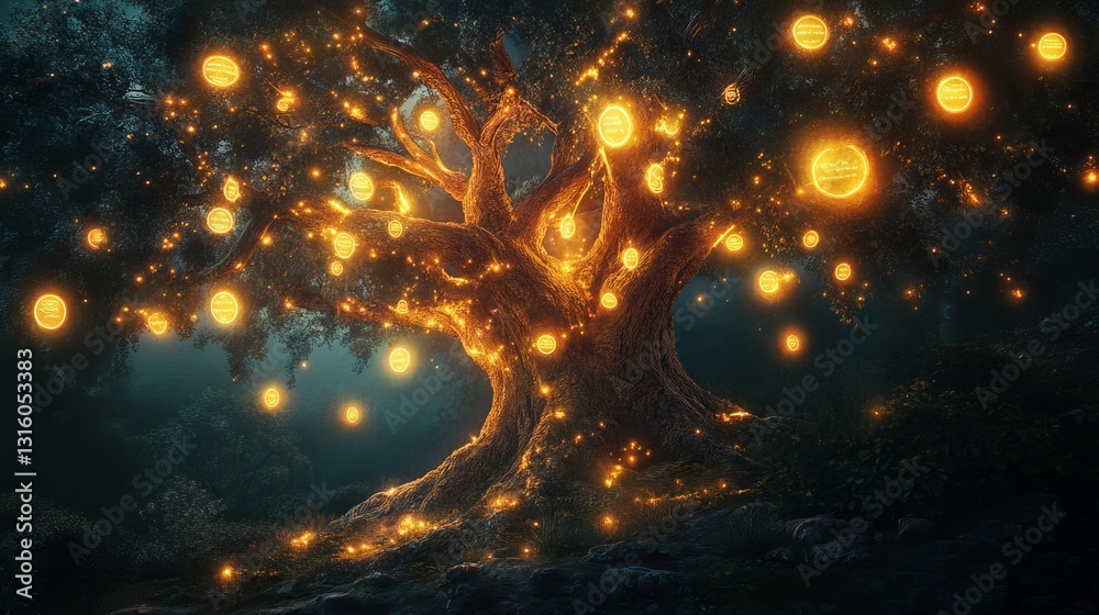 Naklejka premium Enchanting Nighttime Forest Scene with Glowing Magical Tree Lanterns