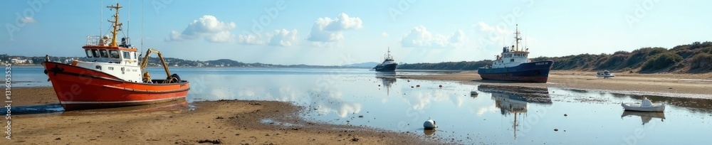 Harbour at low tide with boats exposed on mudflats, mudflats, harbour Harbour at low tide with boats exposed on mudflats, mudflats, harbour