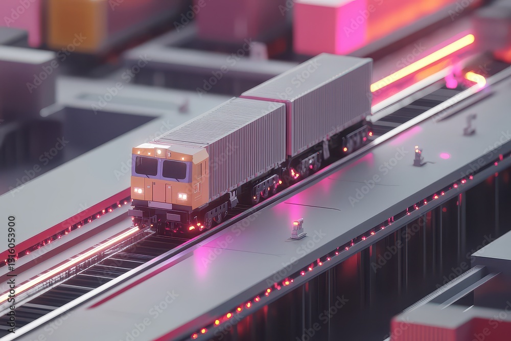 Miniature model of a freight train transporting cargo through a futuristic cityscape Miniature model of a freight train transporting cargo through a futuristic cityscape