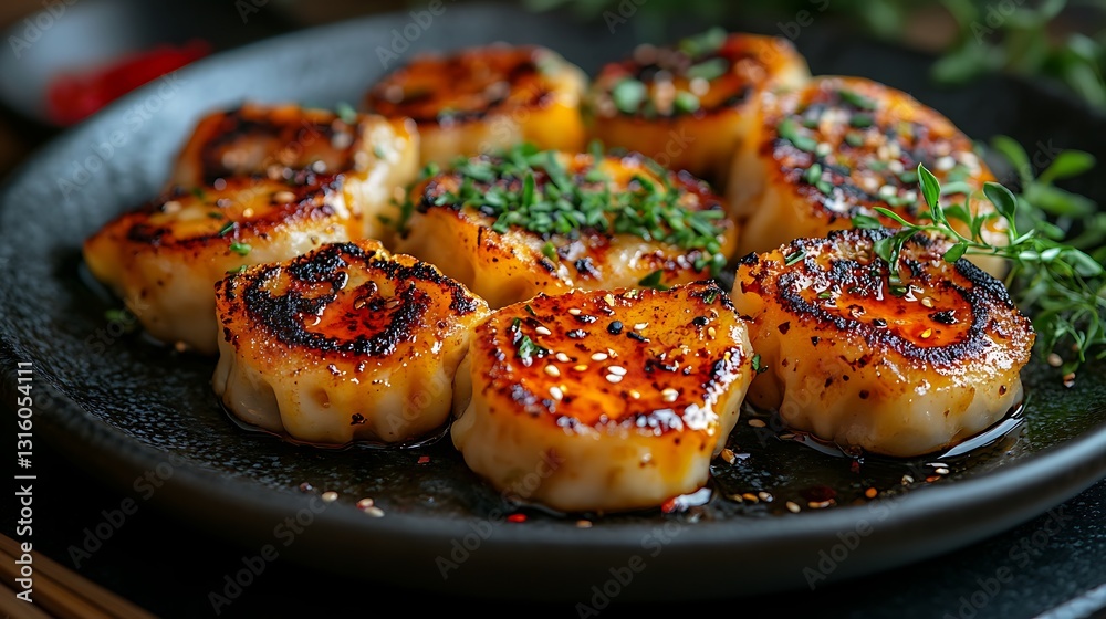 Radiant dumplings with a crispy touch placed on a black plate with fresh herbal garnish Radiant dumplings with a crispy touch placed on a black plate with fresh herbal garnish