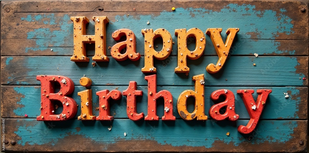 Rustic wood panel with distressed happy birthday lettering in classic fonts, celebration, wooden texture, aged Rustic wood panel with distressed happy birthday lettering in classic fonts, celebration, wooden texture, aged