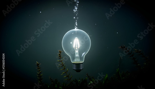 Illuminated Lightbulb Submerged in Water with Bubbles and Plants