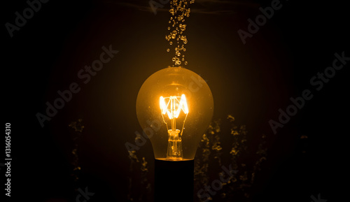 Illuminated Lightbulb with Bubbles and plant in Dark Water 