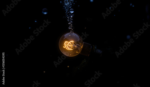 Submerged Illuminated Lightbulb with Bubbles in Dark Water