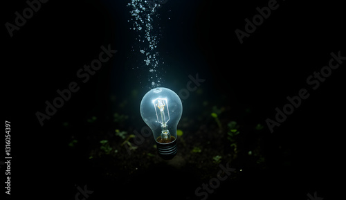 Illuminated Light Bulb Floating in a Dark Environment  under water with Bubbles Ascending and plant