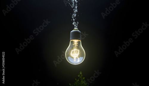 Illuminated Light Bulb Submerged in Water with Bubbles and water plant