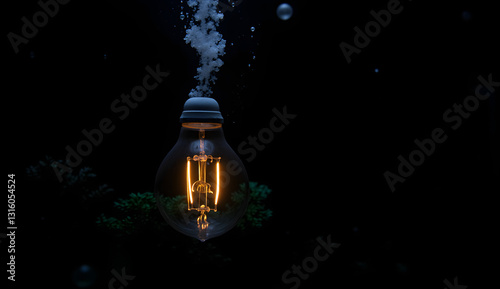 Illuminated Vintage Light Bulb with Snow and Bubbles in Dark Background