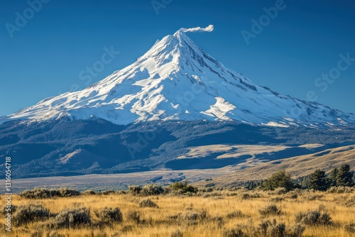 The grandeur of a snow-covered peak standing tall against a cloudless sky.