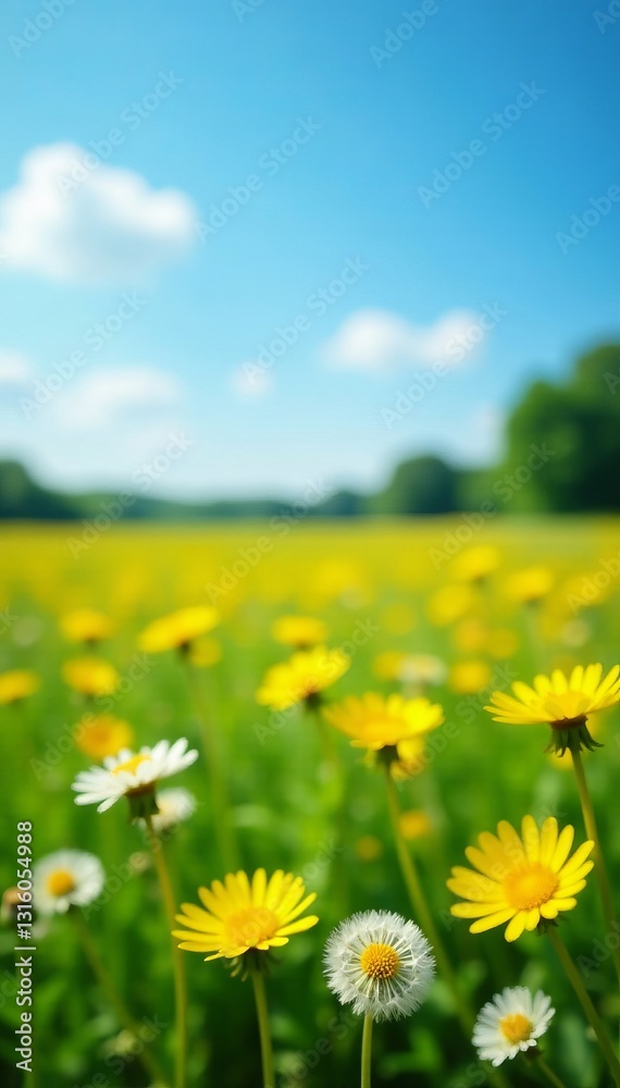 Scenic view of a field filled with dandelions under a clear blue sky, blossoms, beauty, daisies Scenic view of a field filled with dandelions under a clear blue sky, blossoms, beauty, daisies