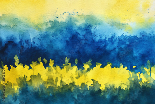 Abstract Watercolor Painting, Blue and Yellow, texture, Ukraine.