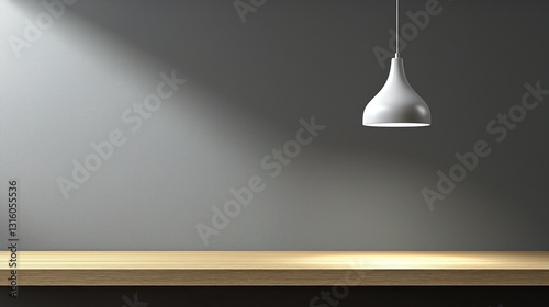 Clean scene lamp above wood, spotlight on grey backdrop, minimalist interior