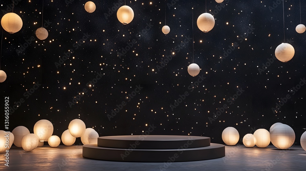 Fototapeta premium A modern clean-design podium set against a starry night sky with floating paper lanterns