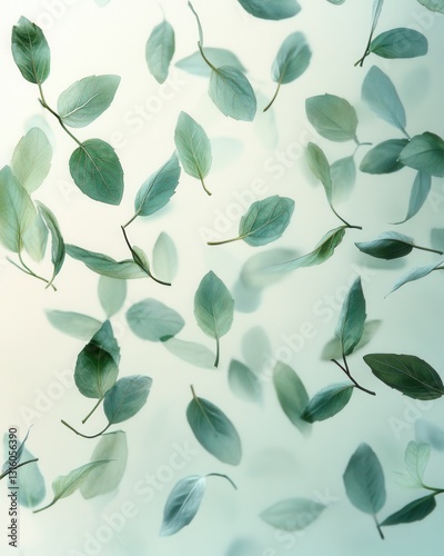 Delicate Floating Mint Leaves Against a Soft Gradient Background Capturing Freshness and Tranquility with a Gentle Camera Angle