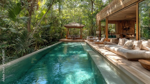Wallpaper Mural Serene pool reflects trees next to a wooden building, and a gazebo in lush, green scenery Torontodigital.ca