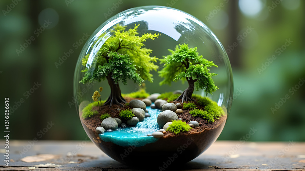 Small Terrarium with Thriving Forest Inside Featuring Miniature Trees Moss and Clear Blue Stream in Glass Sphere - Earth Day Small Terrarium with Thriving Forest Inside Featuring Miniature Trees Moss and Clear Blue Stream in Glass Sphere - Earth Day