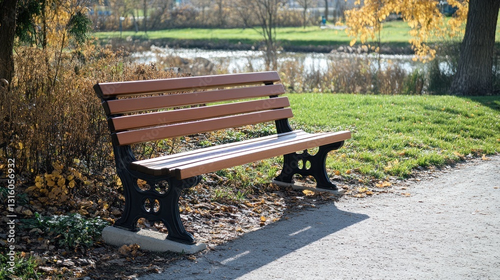 A wooden park bench beside a calm waterway, inviting relaxation and leisure in nature. A wooden park bench beside a calm waterway, inviting relaxation and leisure in nature.