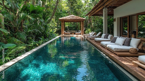 Relaxing view by the pool and lush tropical greenery of a luxurious resort, vacation spot