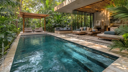 Wallpaper Mural Poolside oasis with lush foliage, serene water, comfortable seating, and neutral tones Torontodigital.ca