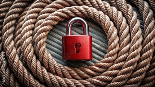 A crimson padlock rests securely within a tightly coiled arrangement of thick, weathered rope, symbolizing the steadfast protection and unwavering security provided.