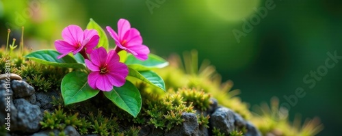 Purple Himalayan Balsam Impatiens glandulifera bloom on green rock outcropping, flowers, impatiens