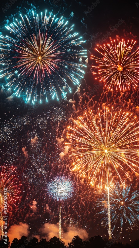 Vibrant fireworks burst in a dazzling array of colors against a deep, dark night sky, illuminating the scene with sparkling lights and creating a festive atmosphere. Vibrant fireworks burst in a dazzling array of colors against a deep, dark night sky, illuminating the scene with sparkling lights and creating a festive atmosphere.