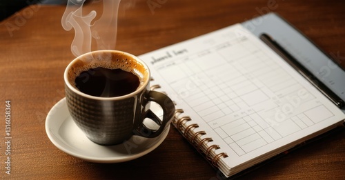 Close up of steaming coffee cup next to digital planner deep earthy tones symbolizing morning routines productivity and slow living photo