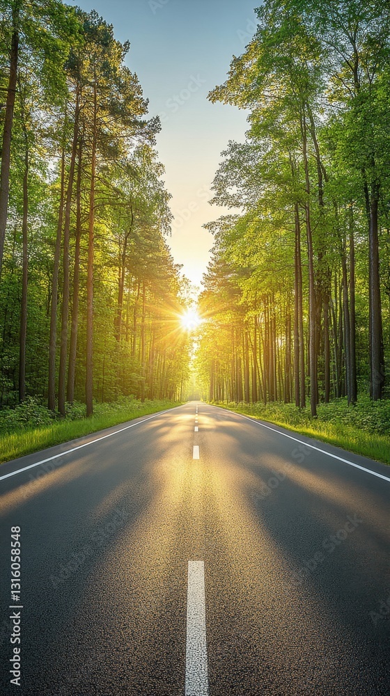 Fototapeta premium Serene journey through sunlit forest road with vibrant green trees and asphalt path leading to horizon