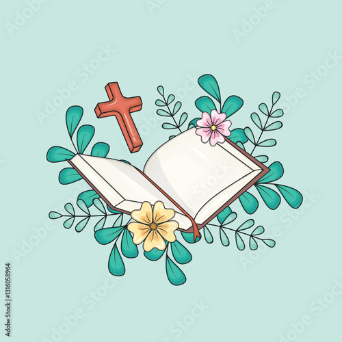 Holy bible open with cross sign and plants around vector
