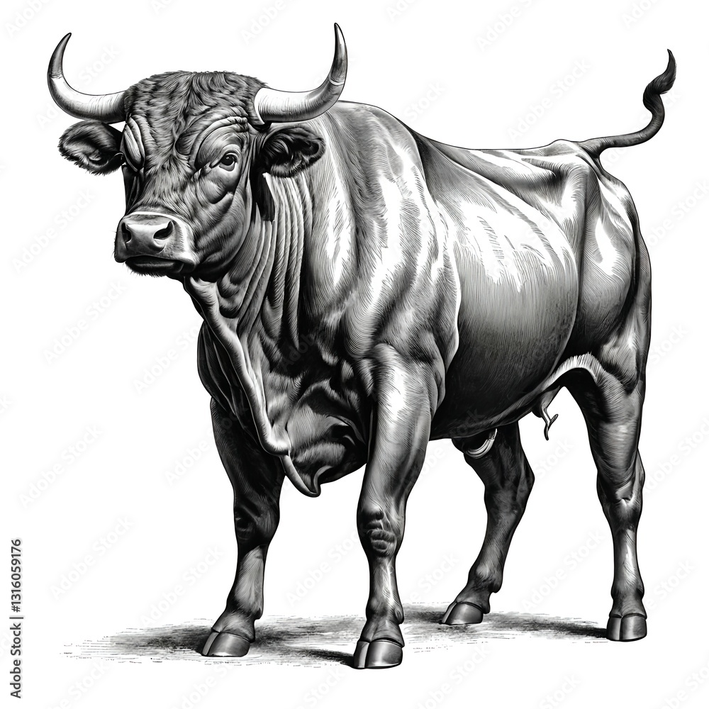 Fototapeta premium Powerful Bull, Black and White Illustration