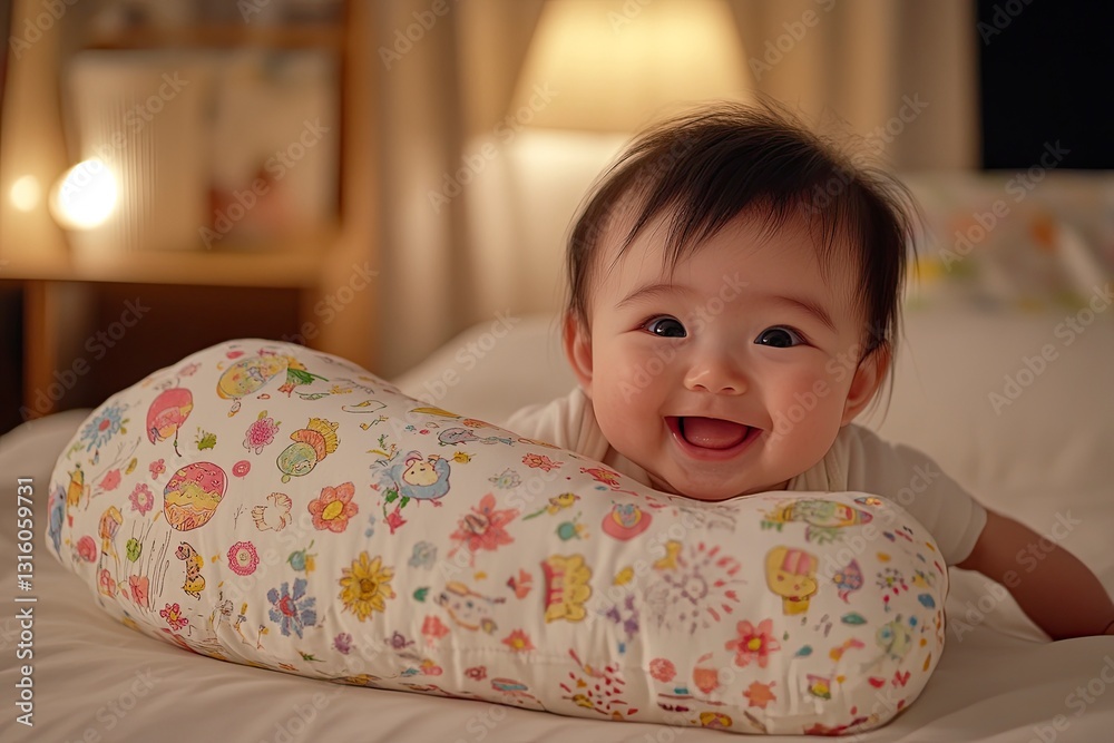 Portrait of a happy, smiling Asian baby girl on a white pillow in a bedroom. The beautiful, adorable Asian newborn baby girl is a cute princess, looking at the camera and laughing, Portrait of a happy, smiling Asian baby girl on a white pillow in a bedroom. The beautiful, adorable Asian newborn baby girl is a cute princess, looking at the camera and laughing,