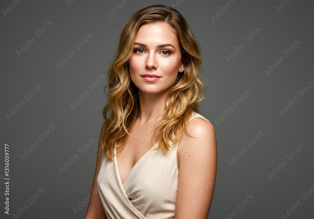 A confident woman with wavy blonde hair, wearing an elegant beige dress. She has a poised expression and a graceful posture, set against a dark grey background, exuding sophistication and charm. A confident woman with wavy blonde hair, wearing an elegant beige dress. She has a poised expression and a graceful posture, set against a dark grey background, exuding sophistication and charm.
