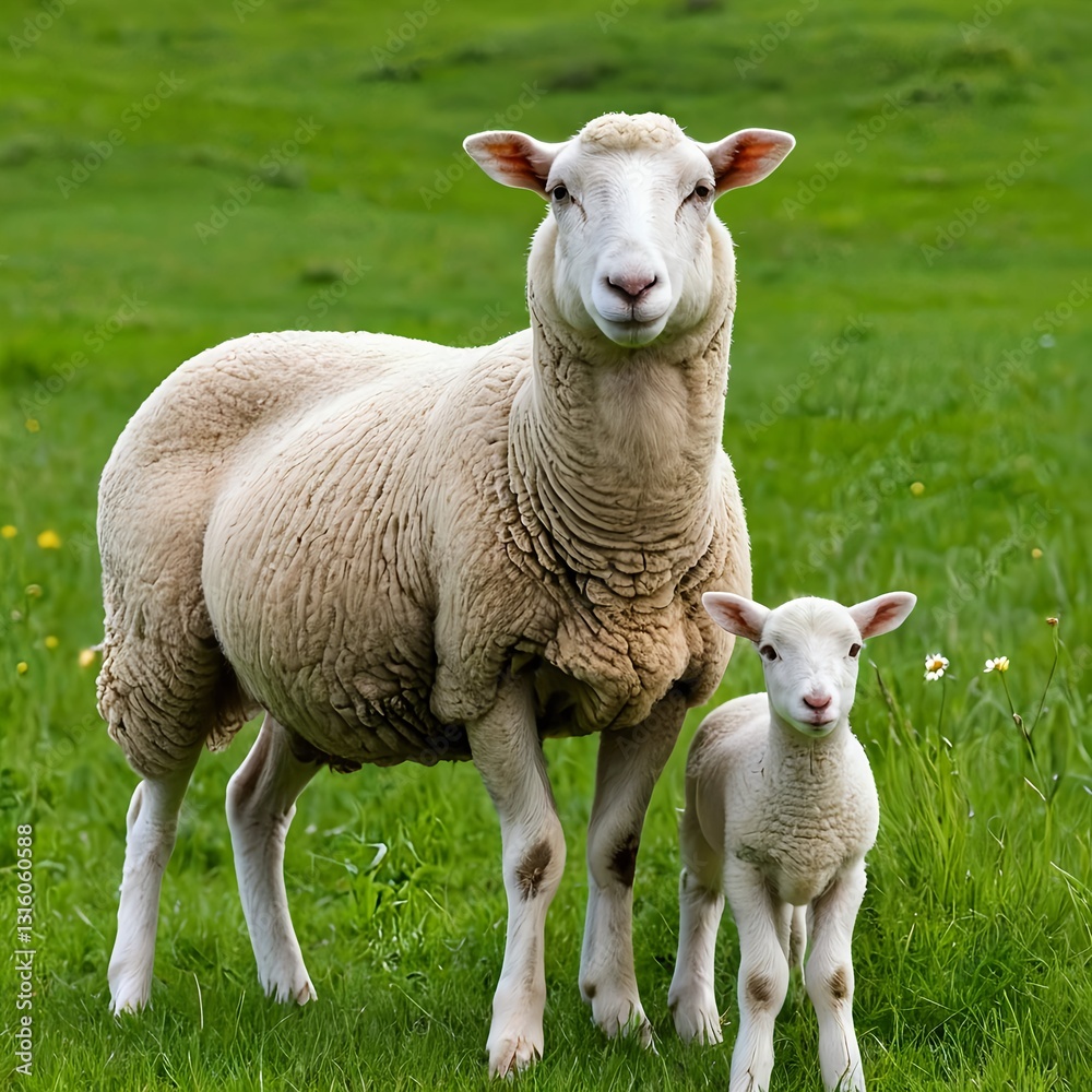 Ewe and Lamb in Spring Pasture Ewe and Lamb in Spring Pasture