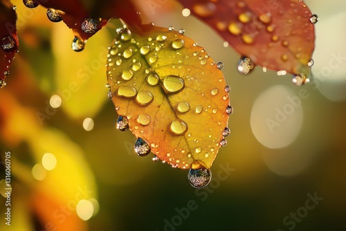 The magic of seasonal change reflected in dewdrops on an autumn morning.