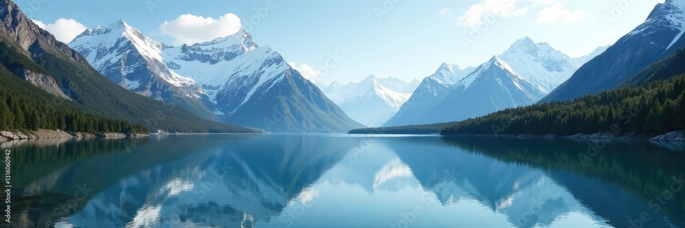 Fototapeta premium Serene lake against snow-capped mountains with glacier reflections, alpine landscape, mountain peaks