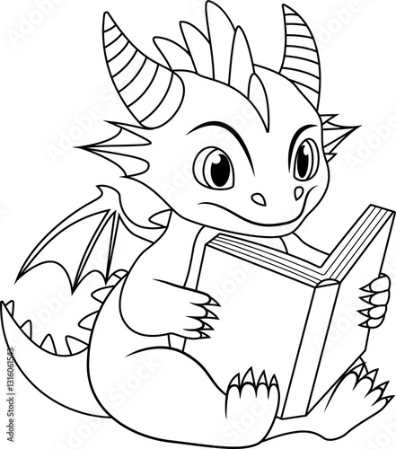 A cartoon of a dragon reading a book line art