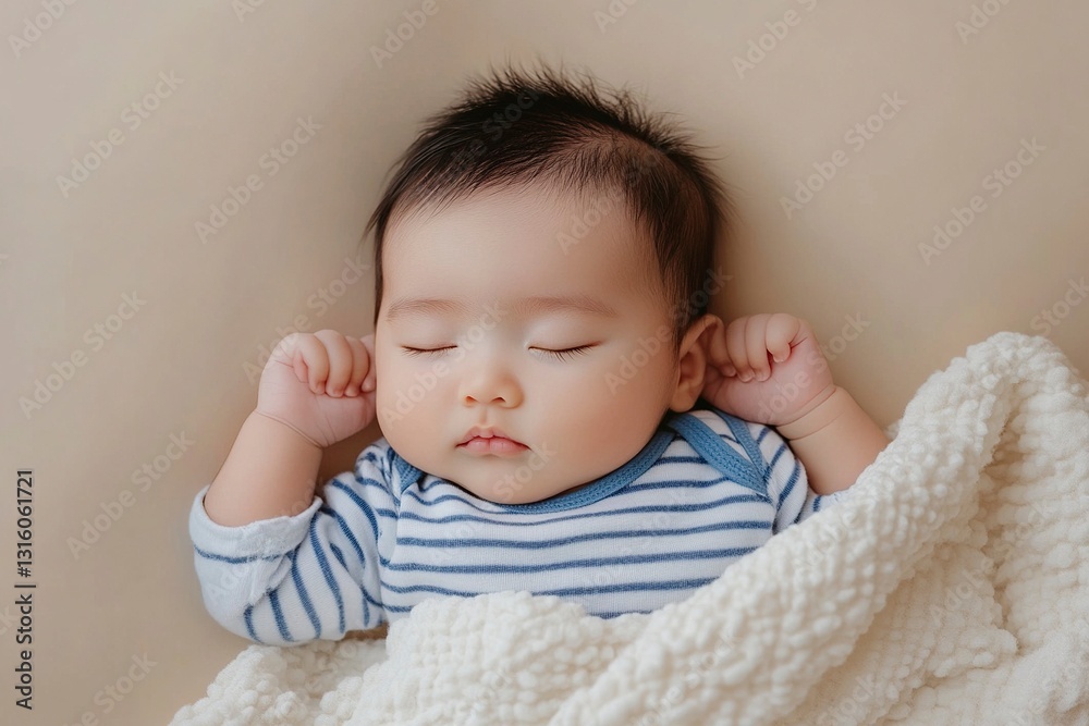 Top view of an Asian newborn baby sleeping on their back in a crib, wearing a blue striped shirt and a white blanket. This is a top-down photograph with a copy space area, Top view of an Asian newborn baby sleeping on their back in a crib, wearing a blue striped shirt and a white blanket. This is a top-down photograph with a copy space area,